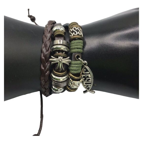 Jesus ICHTHUS Fish Charm Leather Adjustable Bracelet Set Boho Stack 6.5–7.5 in - Picture 4 of 15